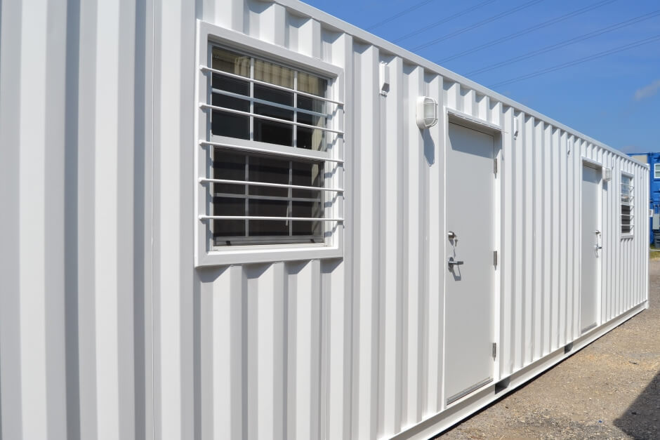 shipping container office with two doors and two windows