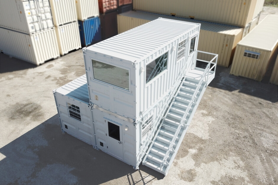 shipping container two-story office with stairs