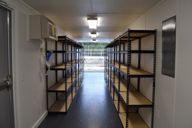 shelves inside a modified shipping container