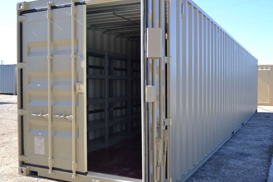 shipping container storage with shelves and open cargo door