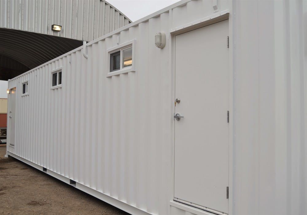 40-foot shipping container bathroom with two doors and three privacy windows 