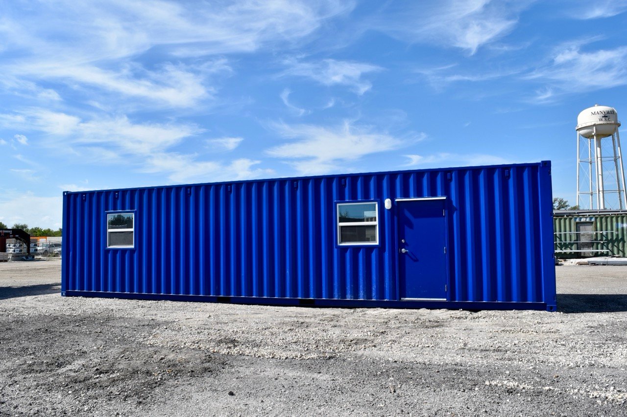 40ft open office with half bathroom exterior, blue container