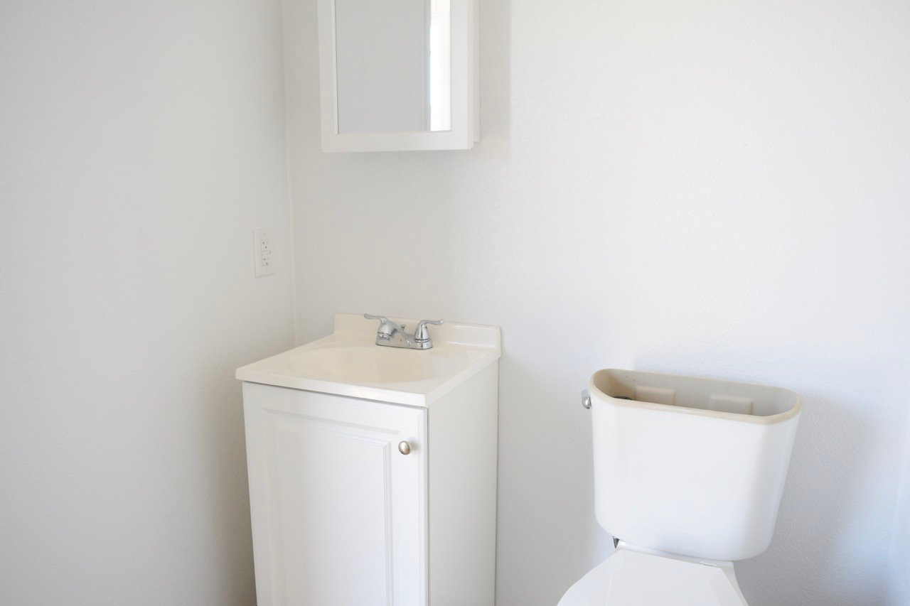 half bath interior with toilet, vanity, and sink