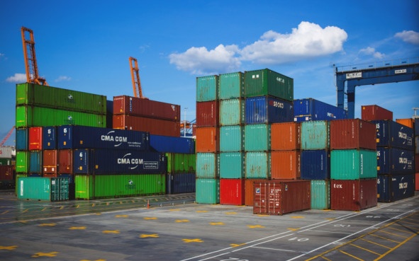 Shipping containers in a port.