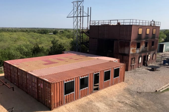 Aerial view of Fortress Obetz, a shipping container-based building.