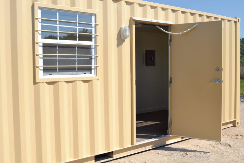 40-foot construction storage container with open cargo door and shelves 