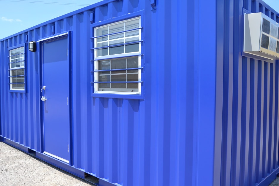 ground level office container with a red stripe