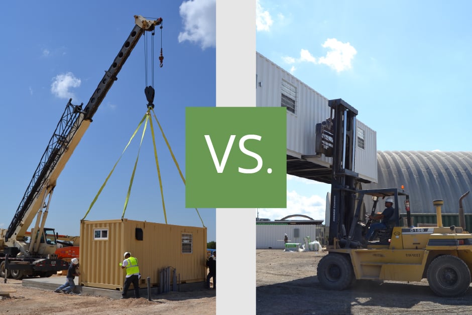 green shipping containers on a blue tilt bed truck, train, and boat