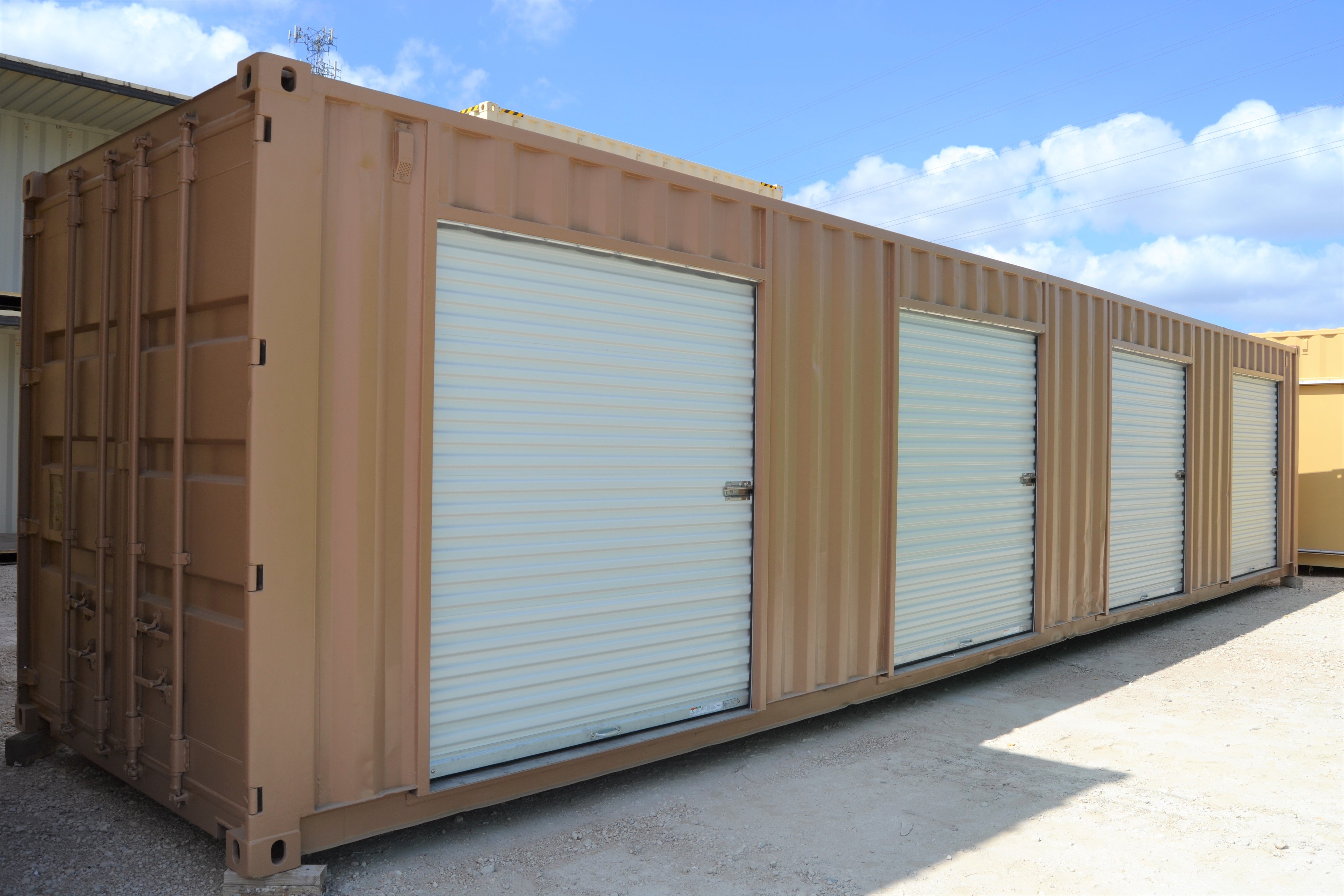 red shipping container with two roll up doors