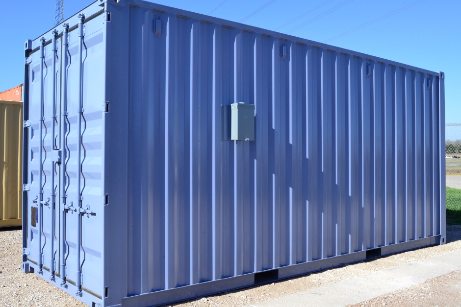 shipping container jobsite office placed with forklift on jobsite