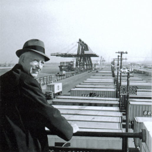 Malcolm_McLean_at_railing,_Port_Newark,_1957_(7312751706)