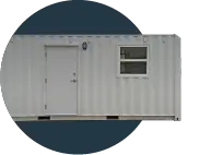 20-Foot Office with Half-Bathroom shipping container side view in circular cutout