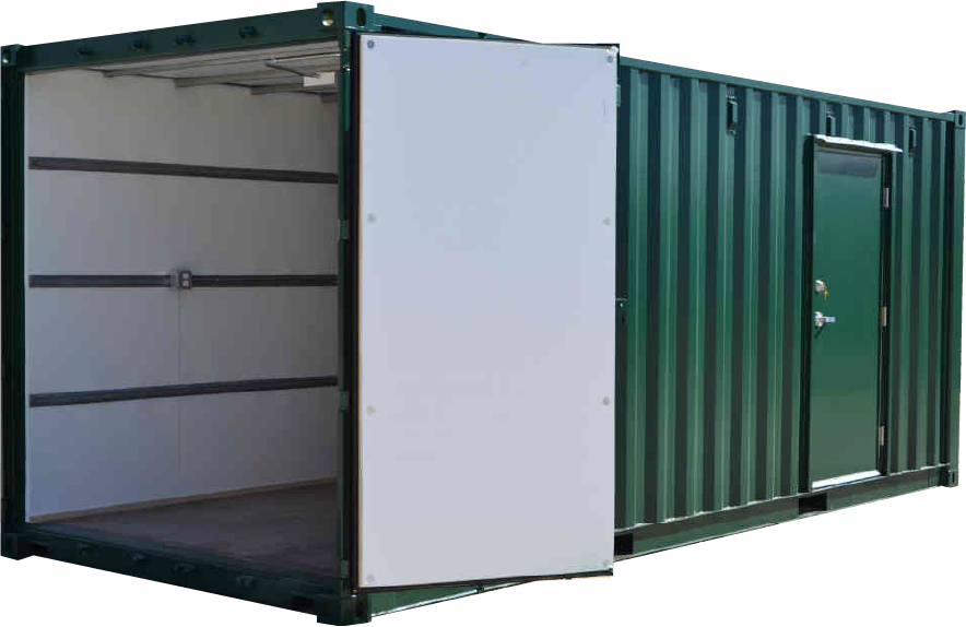 Shipping contain with front doors open and additional personel side door modification.