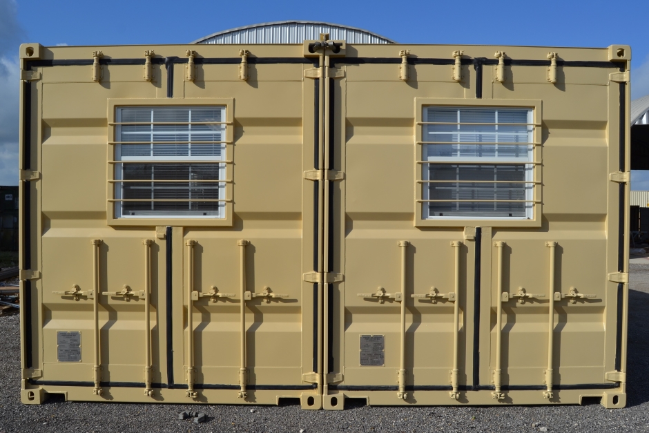 construction site theft prevention text laid over a storage shipping container with roll up door