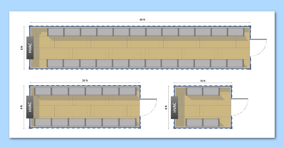 white shed and blue container graphic rendering